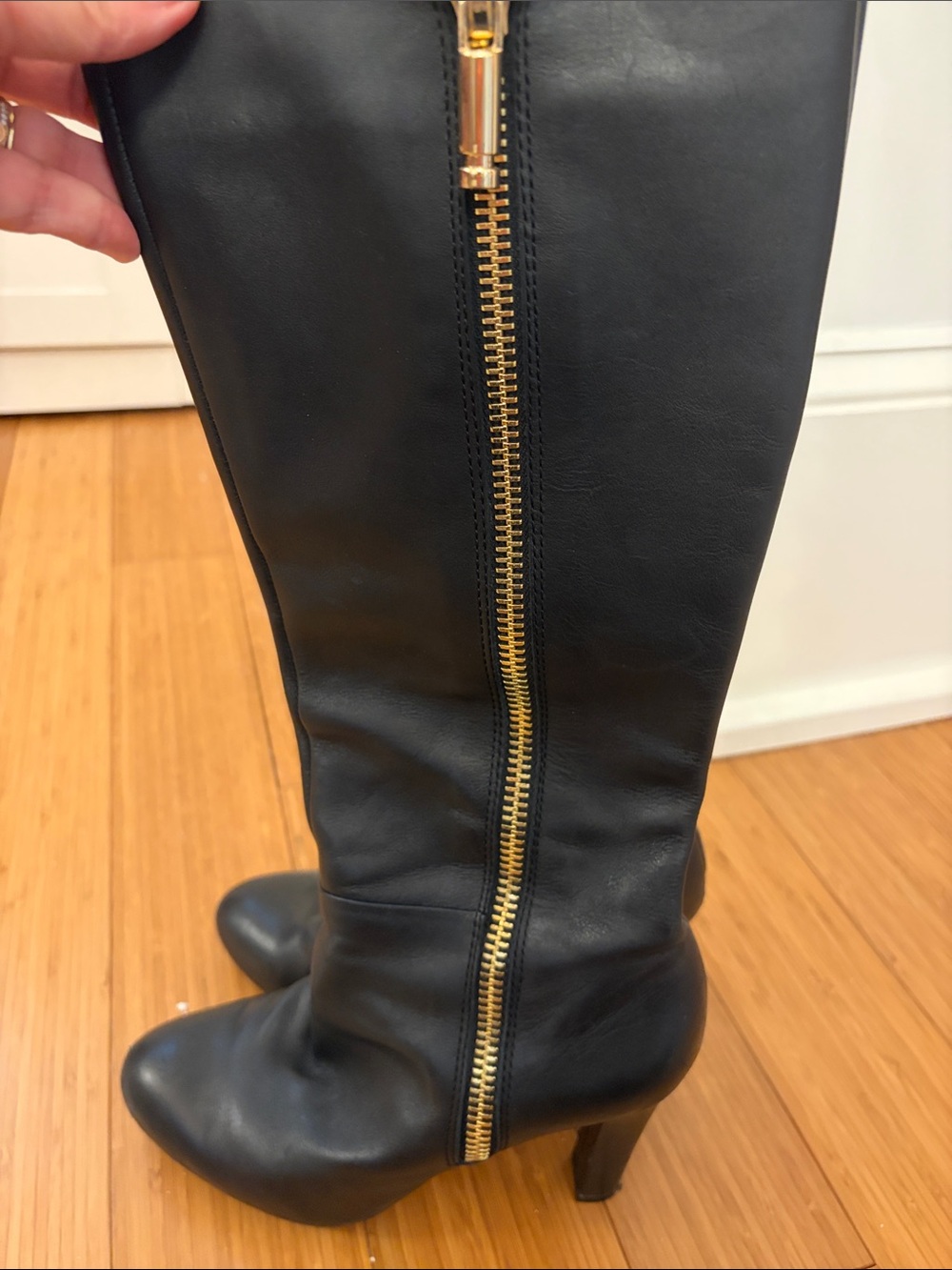 Banana republic Black Leather Knee-High Boots with Gold Zip